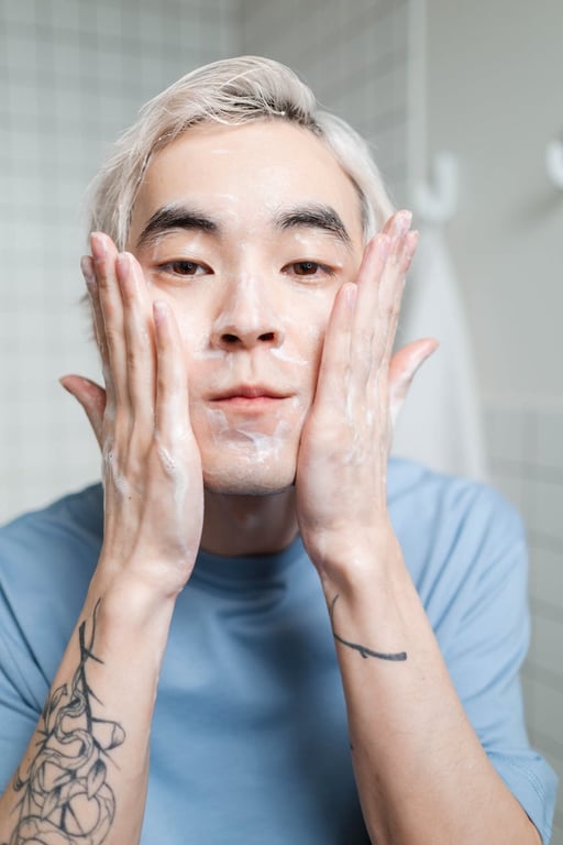 Homme en chemise bleue à col ras du cou se lavant le visage